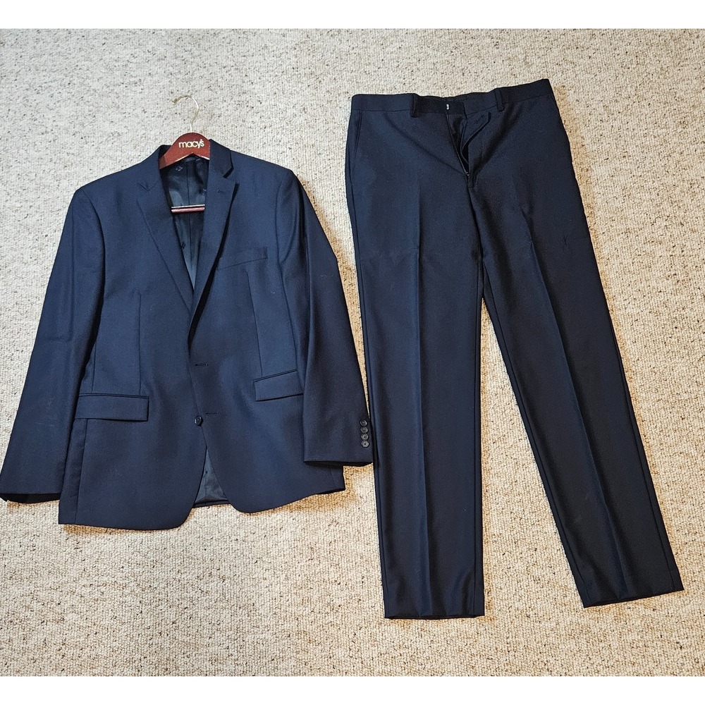 Ryan Seacrest Distinction Mens Navy Blue 2 Piece Suit Modern Fit Blazer Pants 34
